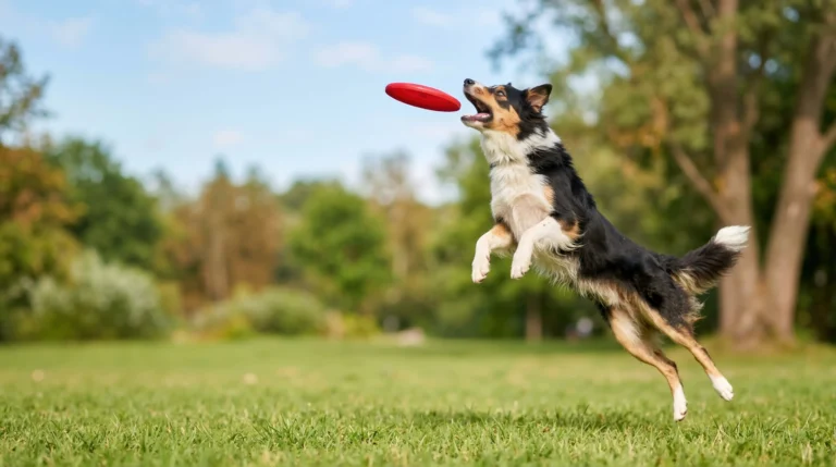 Border collie leaping to catch a disc on an open lawn